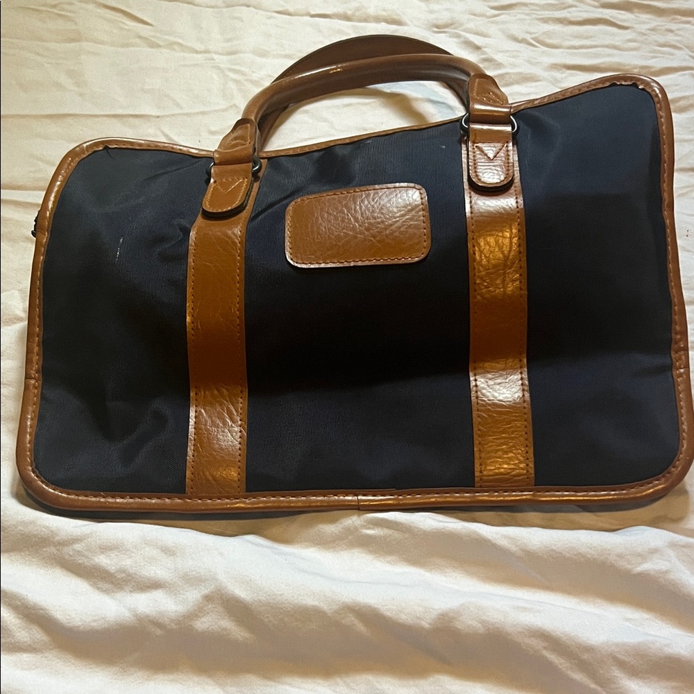 Womens navy and Brown Leather Trim Bag